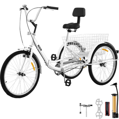 Folding Adult Tricycle 24" - 3 Wheel Trike Bike - 1/7 Speed - 330 lbs Load - Steel Frame - Cargo Trailer - Pet Cart - Travel