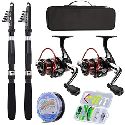 Fishing Pole Combo Set - 2.1m/6.89ft 2-Piece Collapsible Rods, 2 Spinning Reels, Lures, and Carrier Bag - Carbon Fiber Telescopic United States