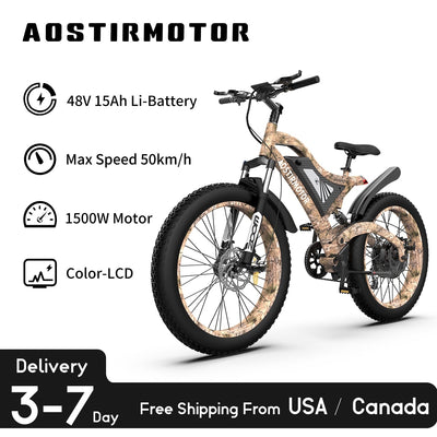 AOSTIRMOTOR 1500W 30MPH Snow Ebike 48V 15Ah Electric Mountain Bike For Aldult 26in 4.0 Fat Tire Beach Bicycle