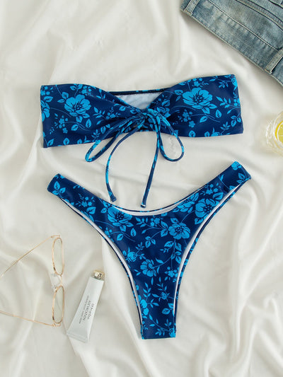 Floral Bandeau High Cut Bikini Swimsuit with Wireless Bra - Blue, All Over Print - High Stretch Fabric, Size S-L (US 4-8/12) L