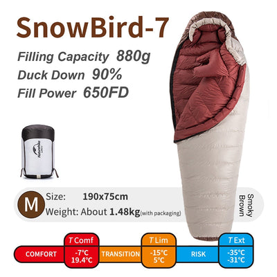 Naturehike Snowbird 7 2 Down Ultralight Sleeping Bag - 4 Season Mummy Camping Duck Down -3 -7 Winter Sleeping Bag SnowBird-7 - M