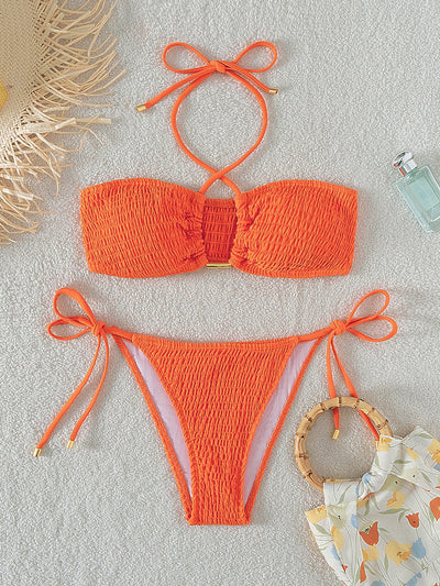 Plain Smocked Tie Side Bikini Swimsuit Orange