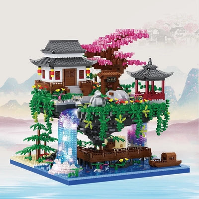 3320Pcs Chinese Architecture Micro Building Blocks House Waterfall Tree DIY Diamond Bricks with Light Toys for Kids Adults Gifts