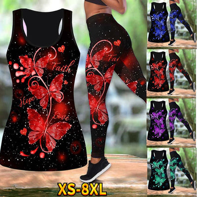 4 Styles 3D Butterfly Flower Print Tank Tops Yoga Leggings XS-2XL