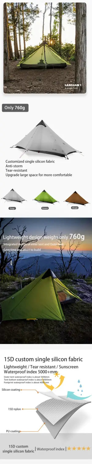 New version 230cm 3f ul gear lanshan 1 ultralight camping 3/4 season 15d silnylon rodless tent