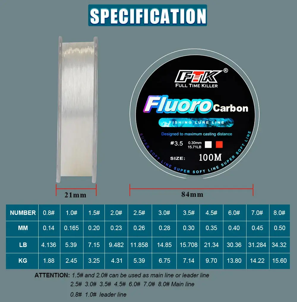 Ftk 100m fluorocarbon coating fishing line 4.14lb-34.32lb carbon fiber monofilament leader line