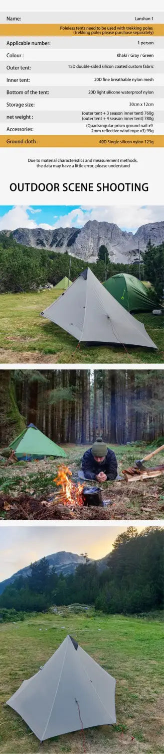 New version 230cm 3f ul gear lanshan 1 ultralight camping 3/4 season 15d silnylon rodless tent