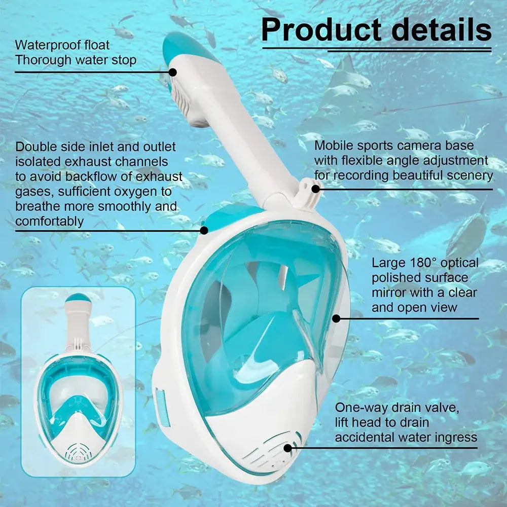 Full face snorkel mask with camera mount - 180° panoramic view - anti-fog anti-leak - adult kids