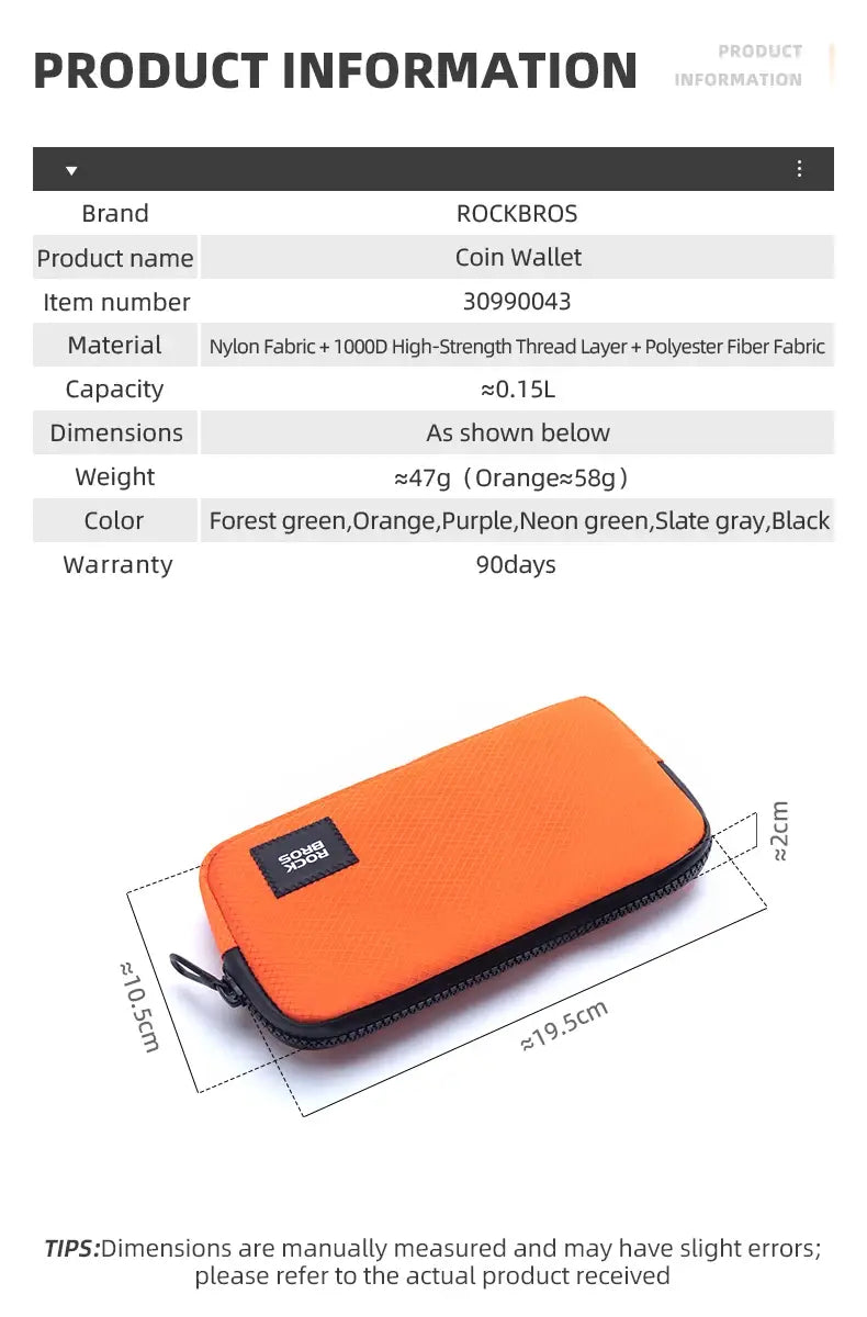 Rockbros cycling phone bag - lightweight portable hand bag for coins and wallet - 0.15l capacity