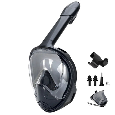 Full Face Snorkel Mask with Detachable Camera Mount - Wide View, Anti-Fog, Anti-Leak - Adult & Kids Pure Black