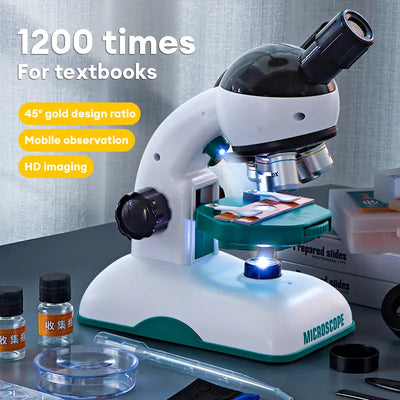 1200X Kid Science Microscope Kit - STEM Toy Gift, HD Optical Experiment with Light