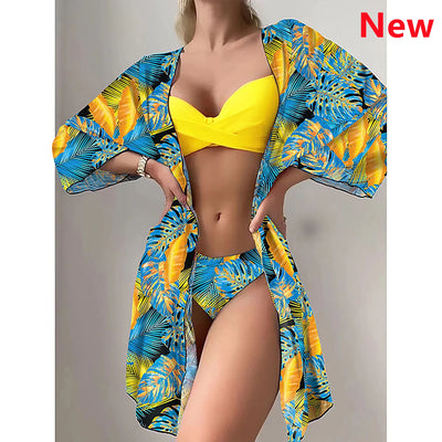 Bikini Set Women Three Pieces Swimsuit Push Up Twist Print Long Sleeve Biquini