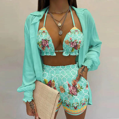 Summer beach 3pcs Set women Cardigan blouse Tops + Shorts set Lady casual Lanter sleeve Loose short pants Suits leaf print sets Sky Blue
