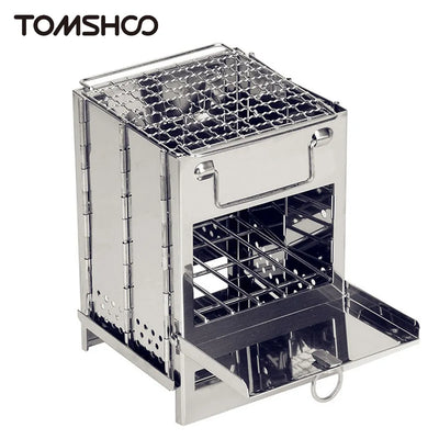 Tomshoo Portable Wood Stove & Mini Grill Combo - Foldable Stainless Steel Camping Stove, Lightweight BBQ Grill