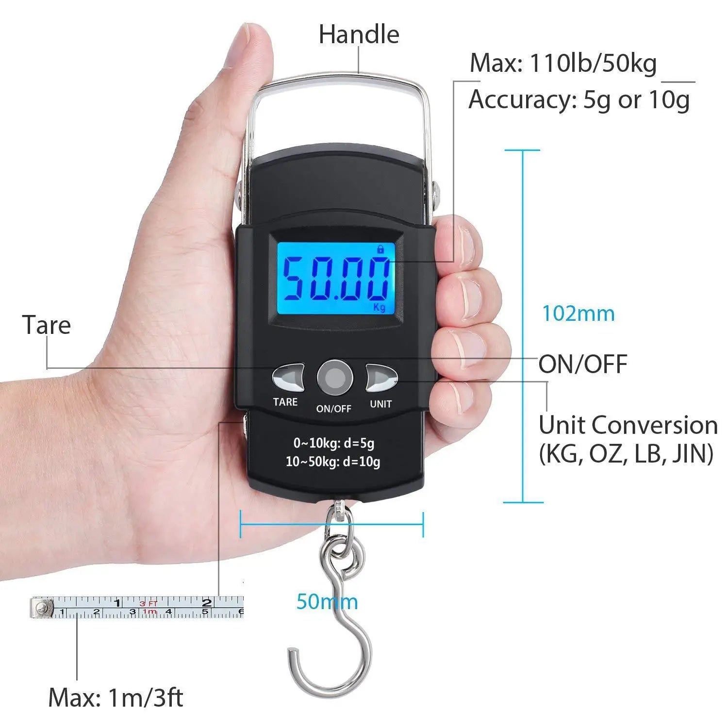 Portable 110lb/50kg hanging scale digital scale backlight electronic fishing travel pocket scale