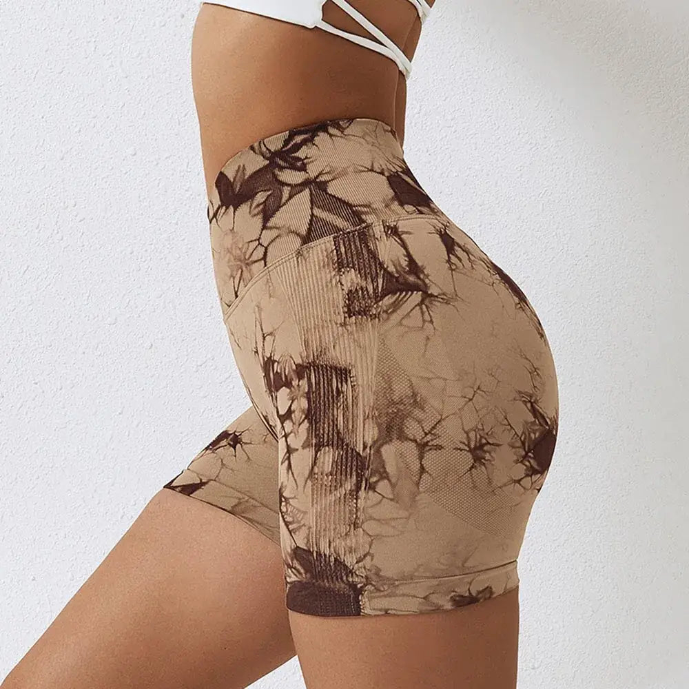 Seamless tie dye sport shorts for women summer elastic scrunch high waist push up tummy control gym
