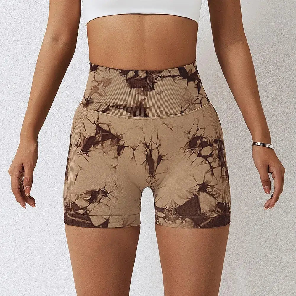 Seamless tie dye sport shorts for women summer elastic scrunch high waist push up tummy control gym