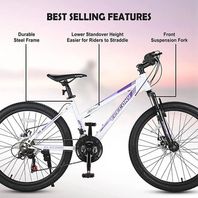 24 Inch Mountain Bike with 21 Speeds, Dual Disc Brakes, and 100mm Front Suspension United States