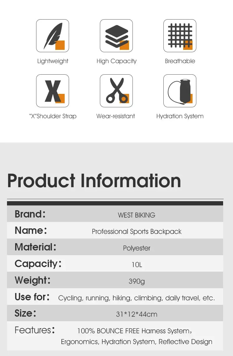 West biking ultralight 10l sports hydration backpack