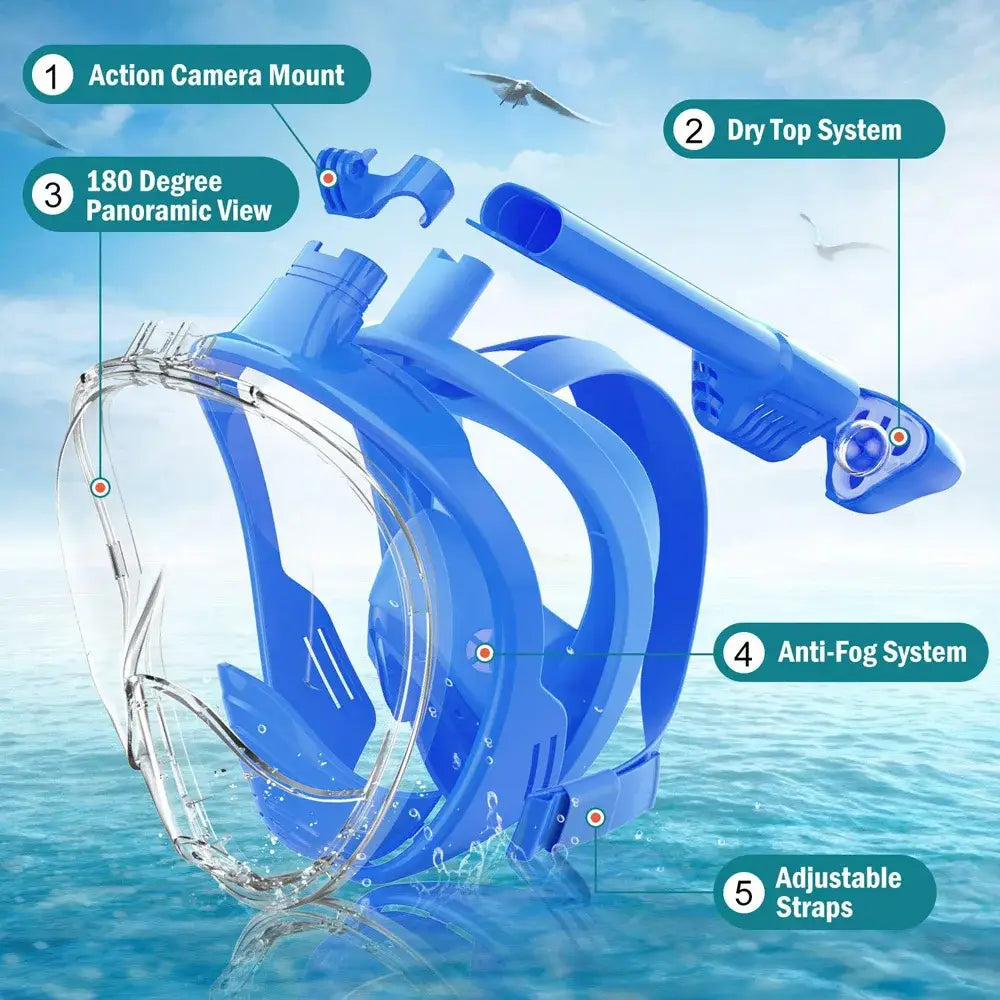 Full face snorkel mask with camera mount - 180° panoramic view - anti-fog anti-leak - adult kids