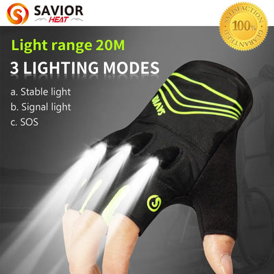 Savior LED Flashlight Gloves Luminous Summer Breathable Half Finger Fingerless Fishing MTB Mountain Cycling Bicycle Gloves Men