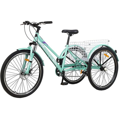Adult 7-Speed Mountain Tricycle | 26-Inch Trike with Basket Cyan green 26 MountainBikeTire United States