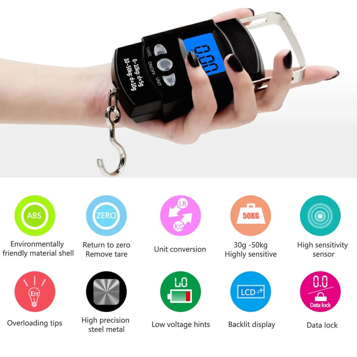 Portable 110lb/50kg hanging scale digital scale backlight electronic fishing travel pocket scale