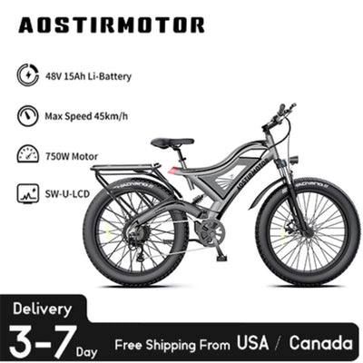 AOSTIRMOTOR 750W S18 Electric Mountain Bike 48V 15Ah Ebike 26Inch 4.0 Fat Tire Bicycle Beach Cycling For Aldult
