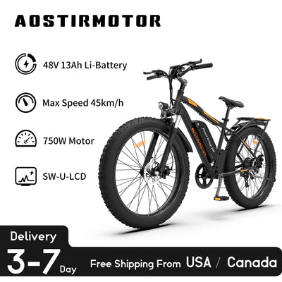 AOSTIRMOTOR S07-B Electric Bike 750W 48V 13Ah Snow Ebike 26In 4.0 Fat Tire Mountain Bike With Rear Shelf Cruiser City Bicycle