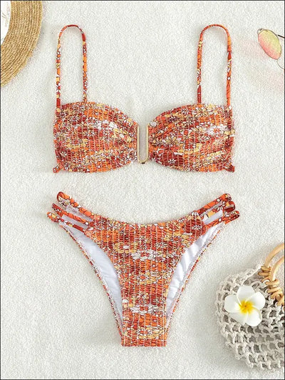 Floral print smocked bikini swimsuit L