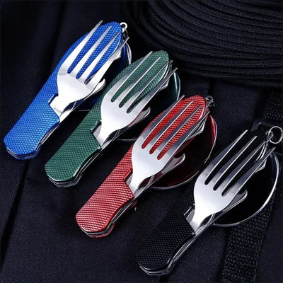 Foldable camping utensil set - multi-functional knife, fork, spoon combo for outdoor activities