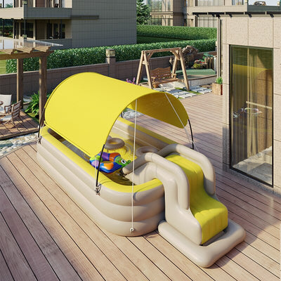 Inflatable Kid Swimming Pool with Awning Thicken PVC Large Children's Paddling Pool with Slide Outdoor Swimming Pools for Family Yellow 2.1m 3 floors