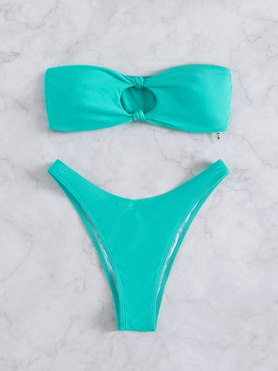 Knot Decor Bandeau Bikini Swimsuit Mint Blue