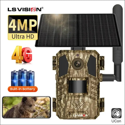 Ls vision solar hunting trail camera 14mp 4g sim card ip66 waterproof 20m pir motion detection