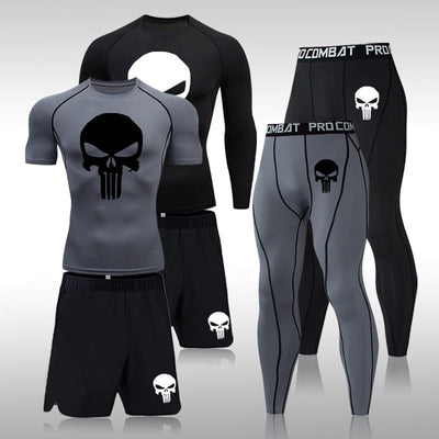 Men Compression Set MMA Long or Short Sleeve T-shirt Men Tight Pants Fitness Bodybuilding Clothes Skull Rashguard Sports Suits