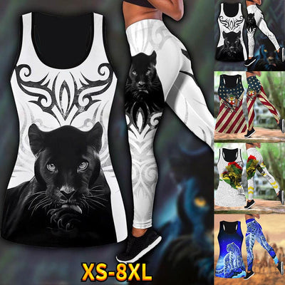 New Summer Women Fashion Black Panther Tattoo Printed Casual Sport Yoga Suit Stretch Leggings and Out Tank Top Suit XS-6XL