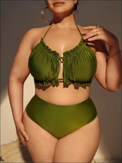 Plus frill trim cut out tie back halter high waist bikini swimsuit Olive Green