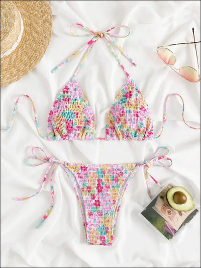Random floral print halter smocked tie side bikini swimsuit