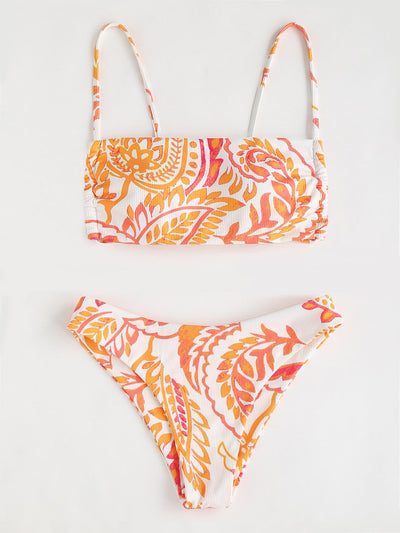 Random Plant Print Bikini Swimsuit