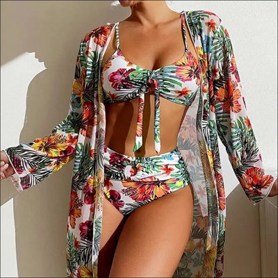 Sexy high waisted bikini three pieces floral printed swimsuit women bikini set with mesh
