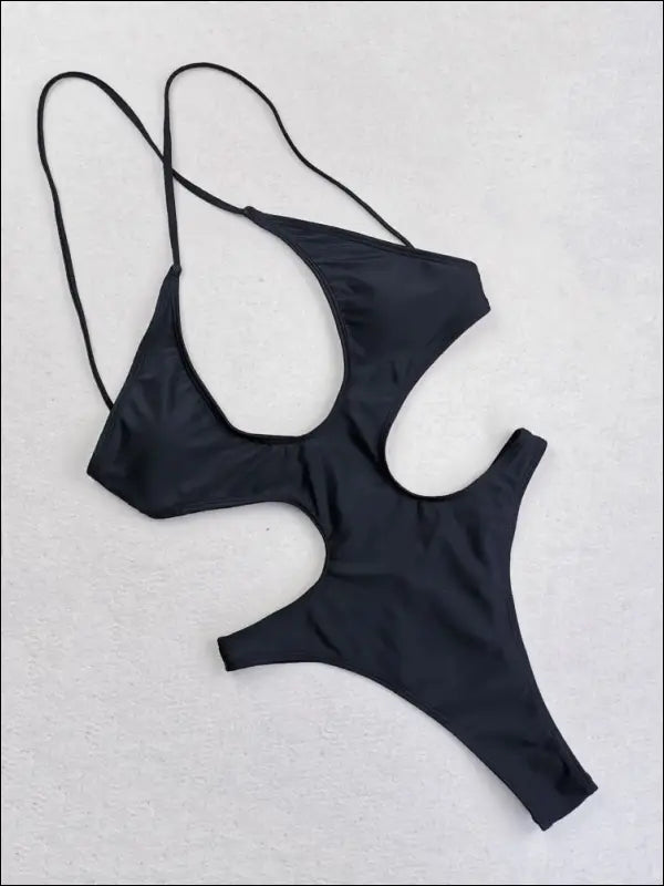 Sexy solid hollow out one piece swimsuit female plus size swimwear women backless bathing suits Black