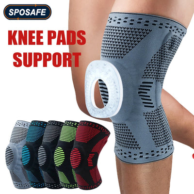 Sports Compression Knee Support Brace Patella Protector Knitted Silicone Spring Leg Pads for Cycling Running Basketball Football