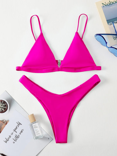 Triangle High Cut Bikini Swimsuit Hot Pink