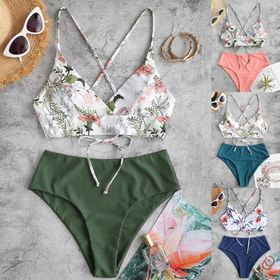 Two Piece Swimsuit Bikini Women Summer Beach Wear Suit Female Flower Print Split Sets New Ladies Swimming Suit