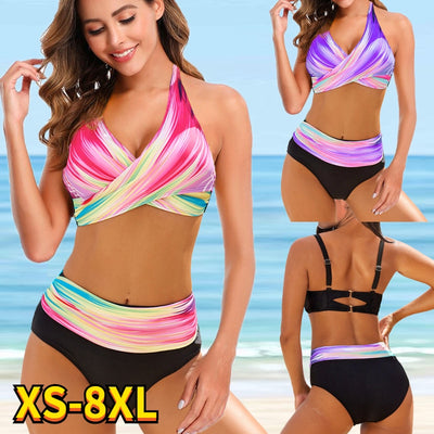 Women Sexy High Waist Bikini Set Female Plus Size Rainbow Print Swimsuit Tankinis Summer Brazilian Plus Size Beach Swimwear